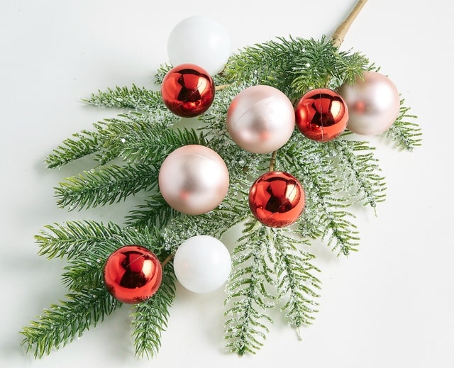 Raz Imports Candy Cane Christmas Pick With Red White and Pink Baubles With Frosted Pine