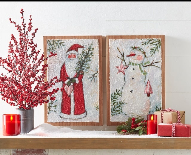 Raz Imports Christmas Holiday Wall Art Water Color Paper With Santa and Snowman on Mantle