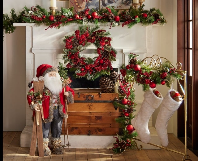 Raz Imports Classic Holly Berry Christmas Decor Mantle Garland Large Santa Figurine and Wreath
