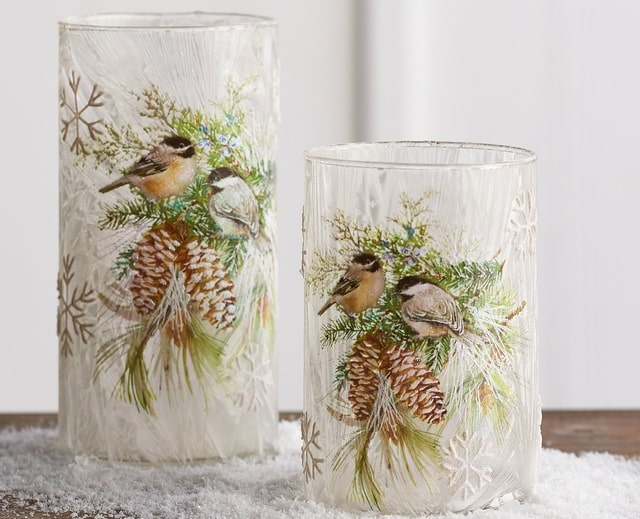 Raz Imports Frosted Glass Votive Candle Holders with Chickadees on Pine Branch