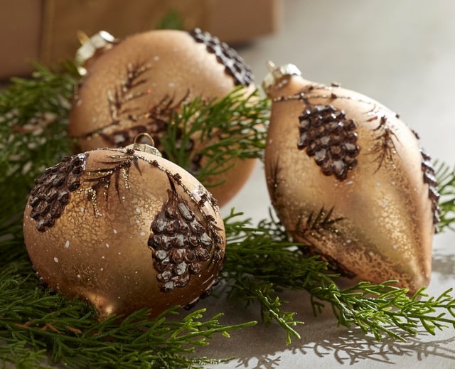 Raz Imports Gold Mercury Glass Christmas Tree Ornament With 3D Pinecones