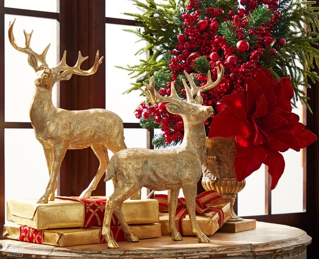 Raz Imports Gold Reindeer Christmas Decor With Red Poinsettia Berry Arrangement