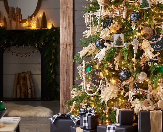 Raz Imports Holiday Christmas Decorating Natural Woodland With Black and White Plaid  Ribbon and Rich Emerald Green Tones