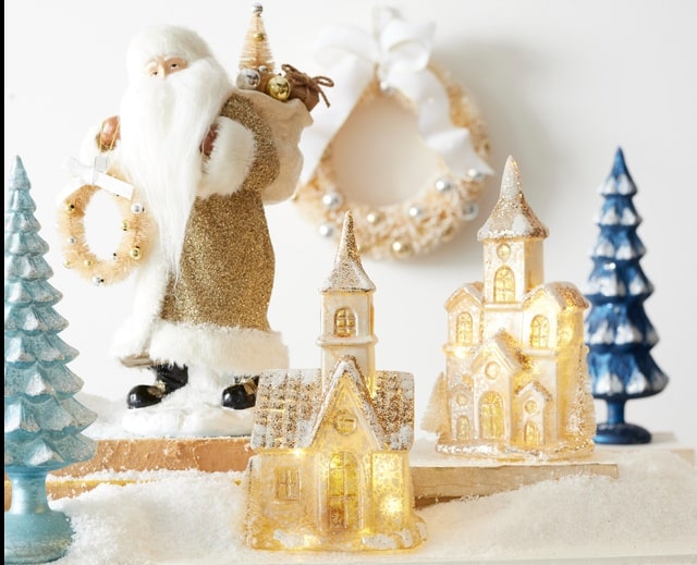Raz Imports Lit Church And Village Scene With Santa Figurine