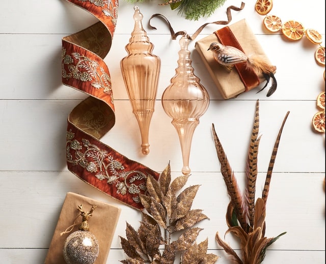 Raz Imports Natural Elegance Christmas Tree Decor Inspiration Feathered Picks With Bronze Glass Ornaments