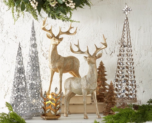 Raz Imports Platinum Gold Reindeer Rhinestone Trees With Soft Evergreen Sprigs Tabletop Christmas Decor