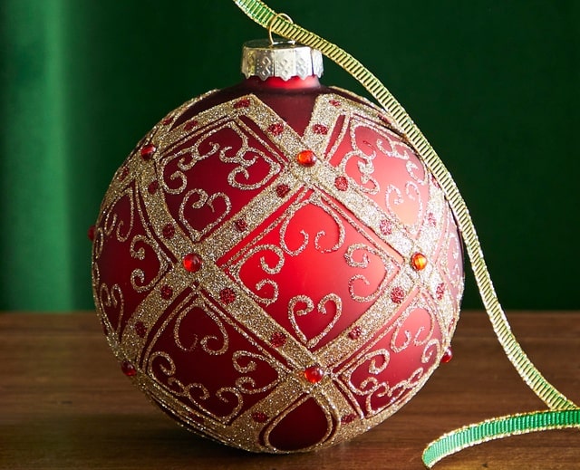 Raz Imports Red Glass Christmas Tree Ornament With Gold Filigree Glitter Embellishment