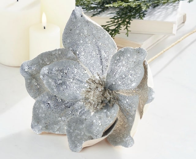 Raz Imports Silver Elegance Jewel Encrusted Magnolia Artificial Christmas Pick