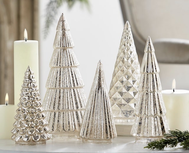 Raz Imports Silver Mercury Glass Christmas Trees Various Heights Tabletop Holiday Display