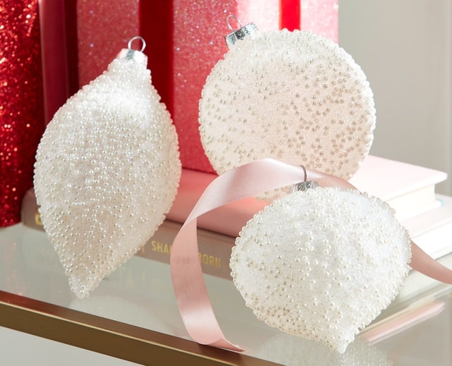 Raz Imports White Glass Ornaments With Beading Snow Themed Christmas Tree Decor