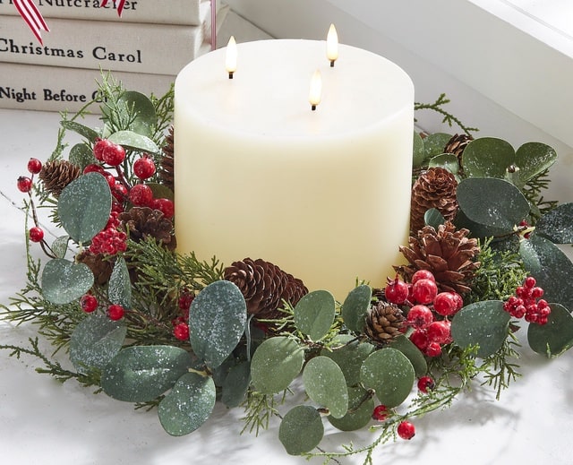 Raz Imports Wide Pillar Candle With Holiday Candlering Frosted Eucalyptus Red Berry
