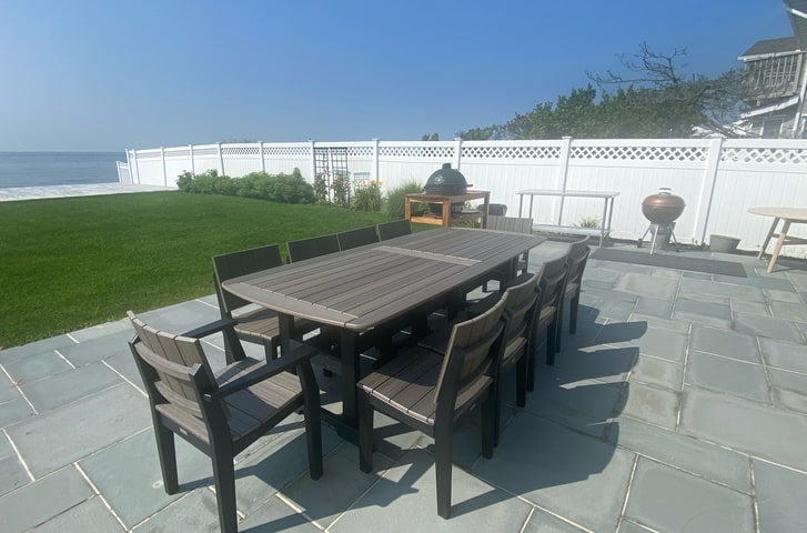 Seaside Casual Portsmouth 100 inch Dining Table with MAD Dining Chairs Polymer Outdoor Furniture for Long Island Backyard