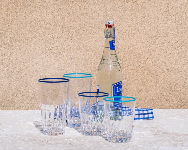 Clear Outdoor Plastic Drink Glasses with Blue Rim