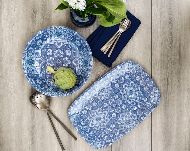Melamine Outdoor Serving Platter and Bowl with Blue and White Pattern