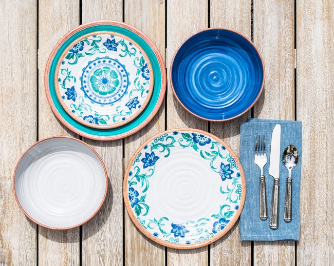 Melamine Turquoise and Blue Floral Platter and Dinner Plates