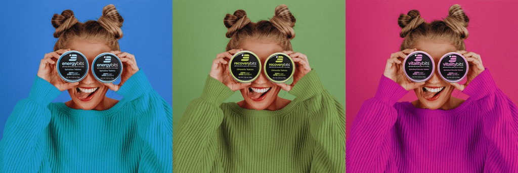 3 pictures of girl holding algae tins in front of her eyes 