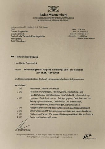 Zertifikat Landesgesundheitsamt  Baden-Württemberg Hygiene im Piercingstudio