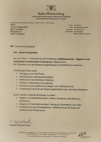 Zertifikat Landesgesundheitsamt  Baden-Württemberg Infektionsschutz - Hygiene in der ambulanten medizinischen Versorgung