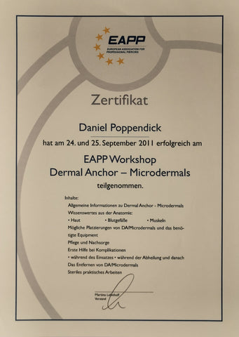 Zertifikat European Association for Professional Piercing Dermal Anchor