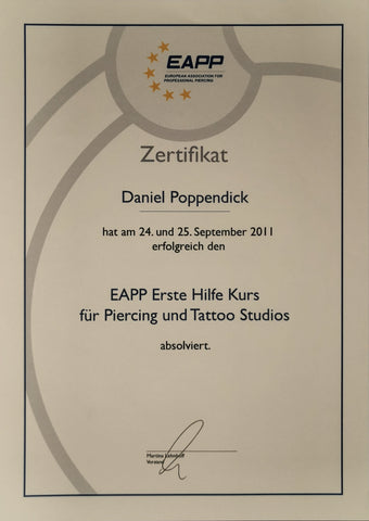 Zertifikat European Association for Professional Piercing Erste Hilfe
