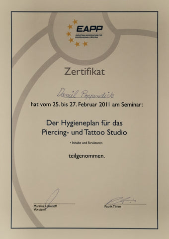 Zertifikat European Association for Professional Piercing Hygieneplan