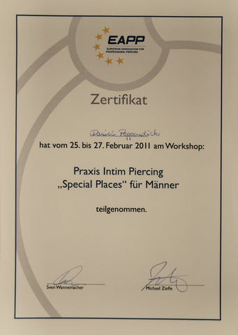 Zertifikat European Association for Professional Piercing Intim Piercing Männer