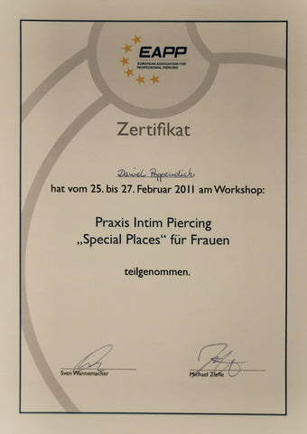 Zertifikat European Association for Professional Piercing Intim Piercing Frauen