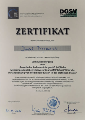 Zertifikat Deutschen Gesellschaft für Sterilgutversorgung  Sachkunde zur Aufbereitung von Medizinprodukten in der ärztlichen Praxis