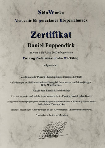 Zertifikat Piercing Professional Studio Workshop