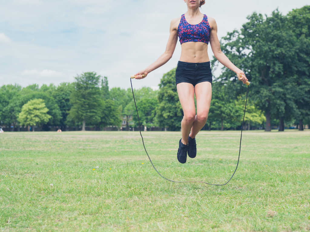 Skipping on grass. 