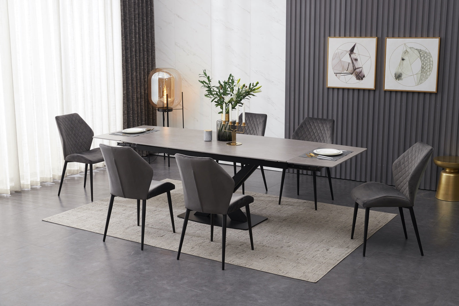 Ceramic Grey Extending Dining Table With 6 Velvet Chairs Ideal Home Show Shop