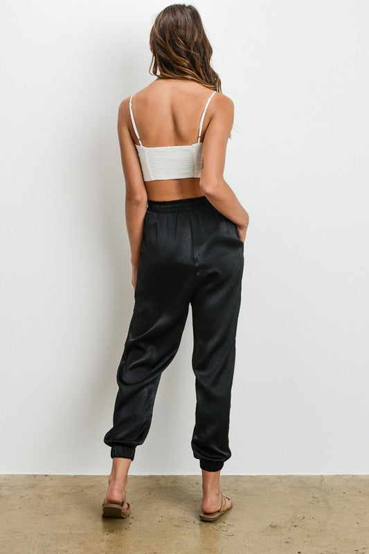 black satin jogger pants