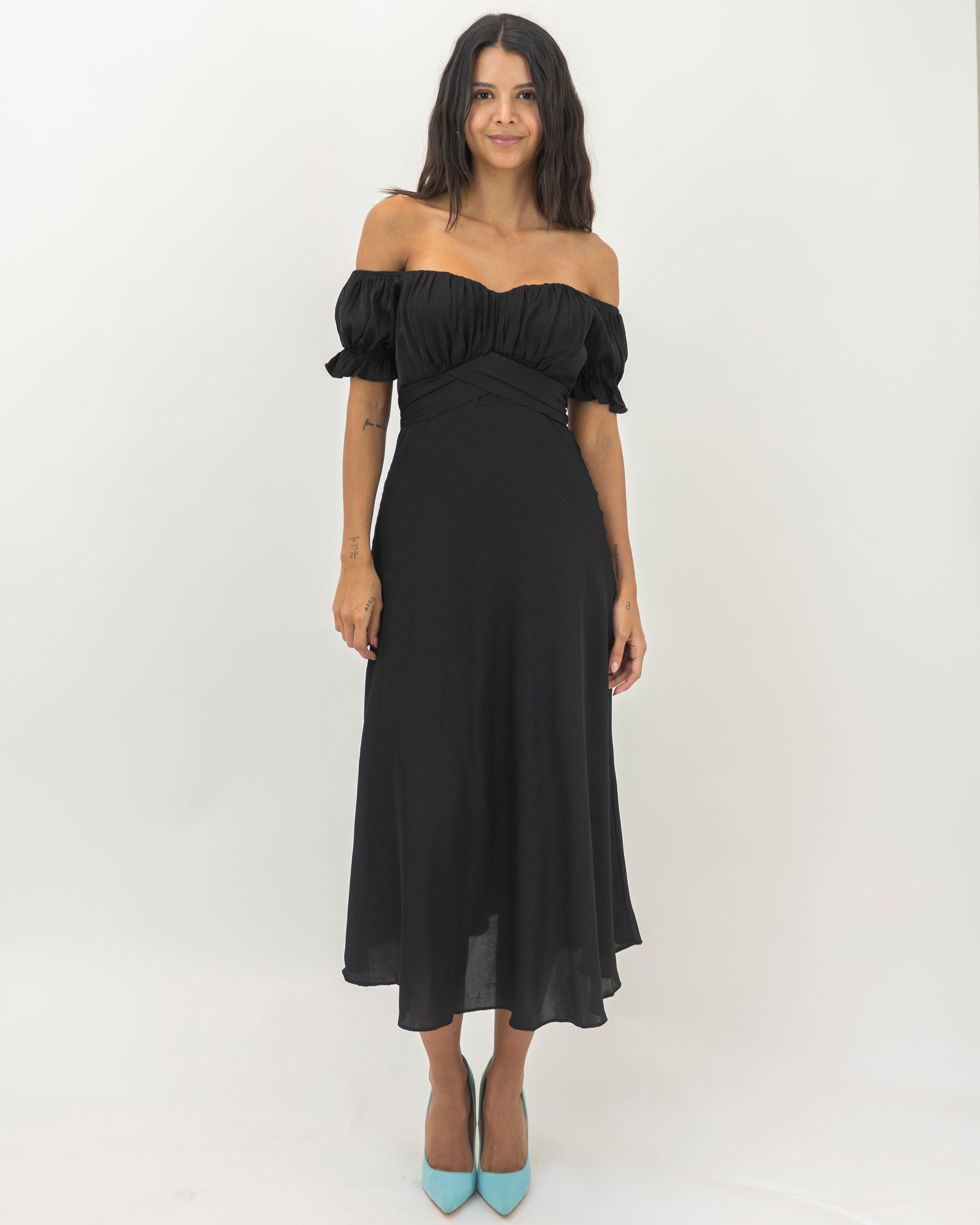 Elegant Off Shoulder Black Satin Tie-Up Ruffle Maxi Dress – EDITE MODE