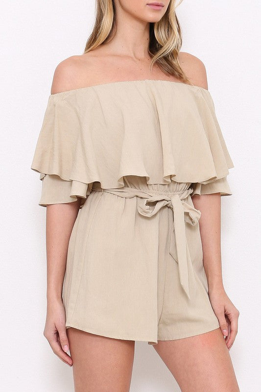 Fashion Off Shoulder Beige Ruffle Romper Edite Mode 9512