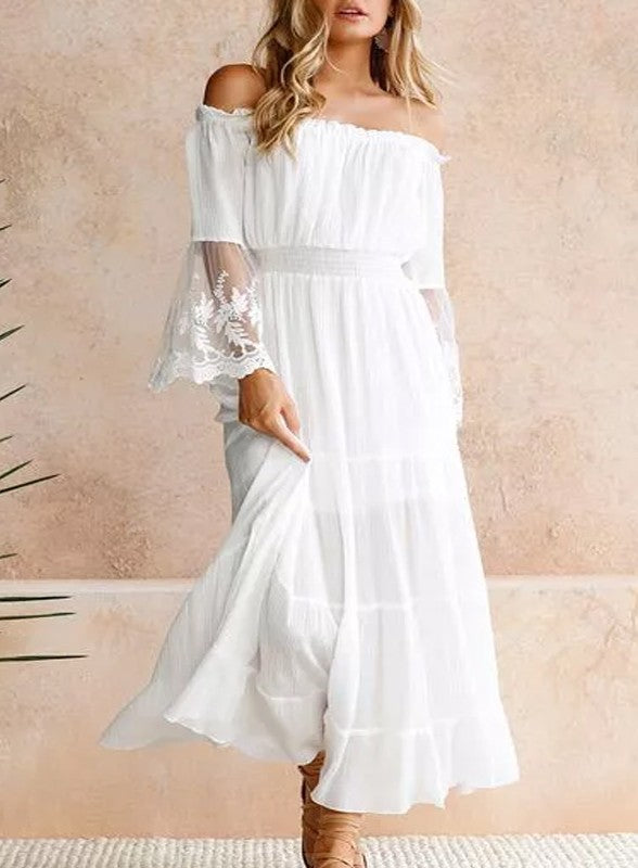 Elegant Off Shoulder White Lace Detailed Bell Sleeve Maxi Dress – EDITE ...
