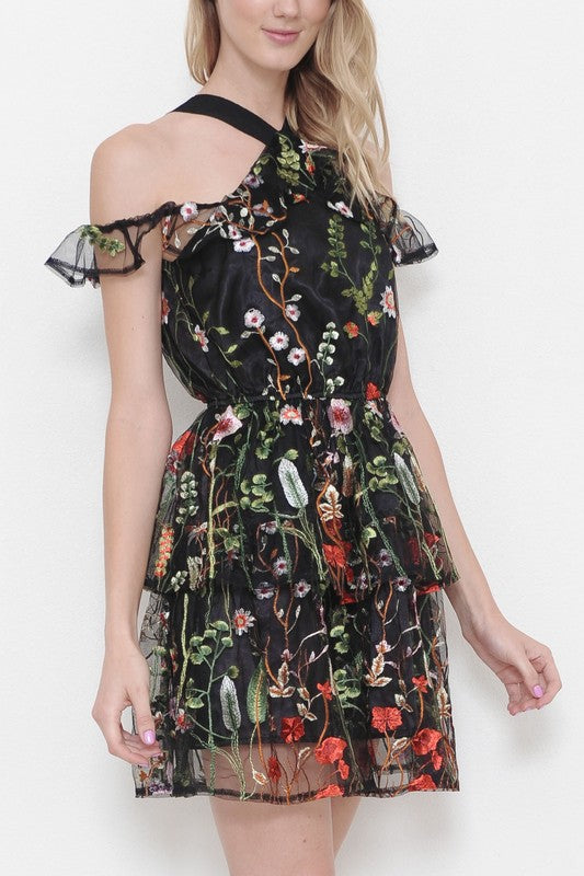 Summer Embroidery Floral Black Off Shoulder Dress – EDITE MODE
