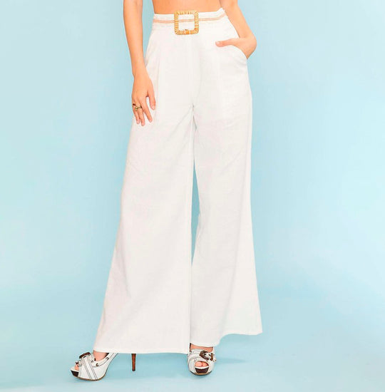 Fashion Summer White High Waisted Elastic Wide Leg Pants