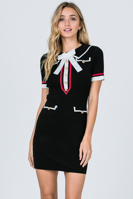 black dress with red and white stripe