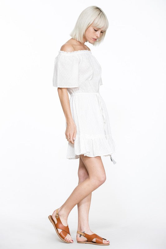 Summer Off Shoulder Silver Tassel Detailed Textured White Dress