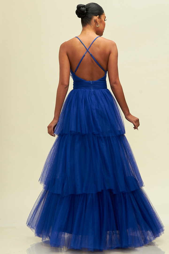 Elegant Royal Blue Strap Deep V-Neck Layered Ruffle Maxi Dress