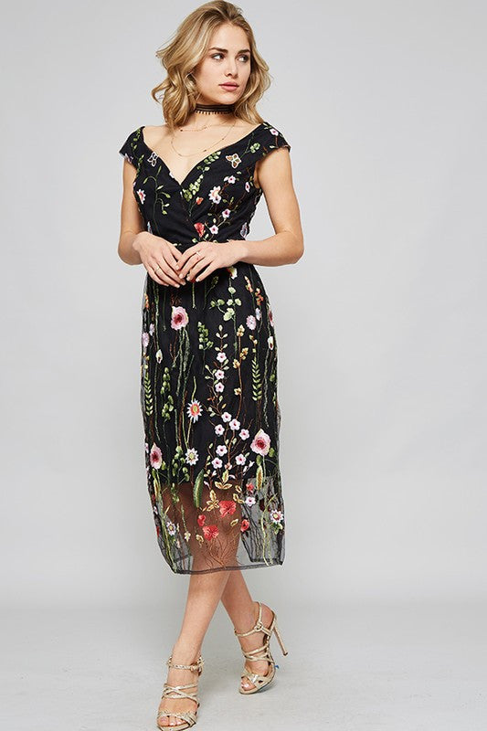 Summer Embroidery Cocktail Knee Length Floral Black Dress – EDITE MODE