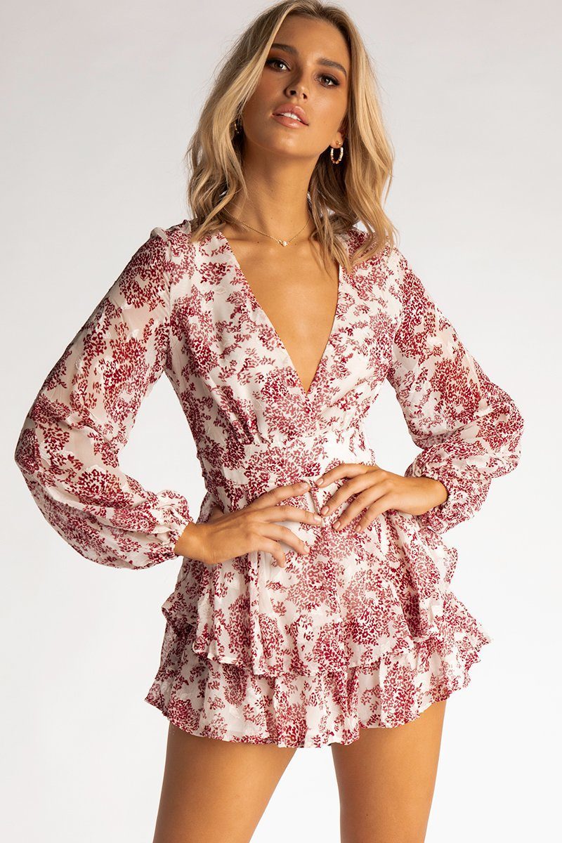 Fashion White Red Floral Print Lace Detailed Ruffle Tie-Up Romper with Bell Sleeve