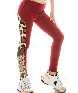 Maroon Youth Athletic Legging with Leopard Side Panel