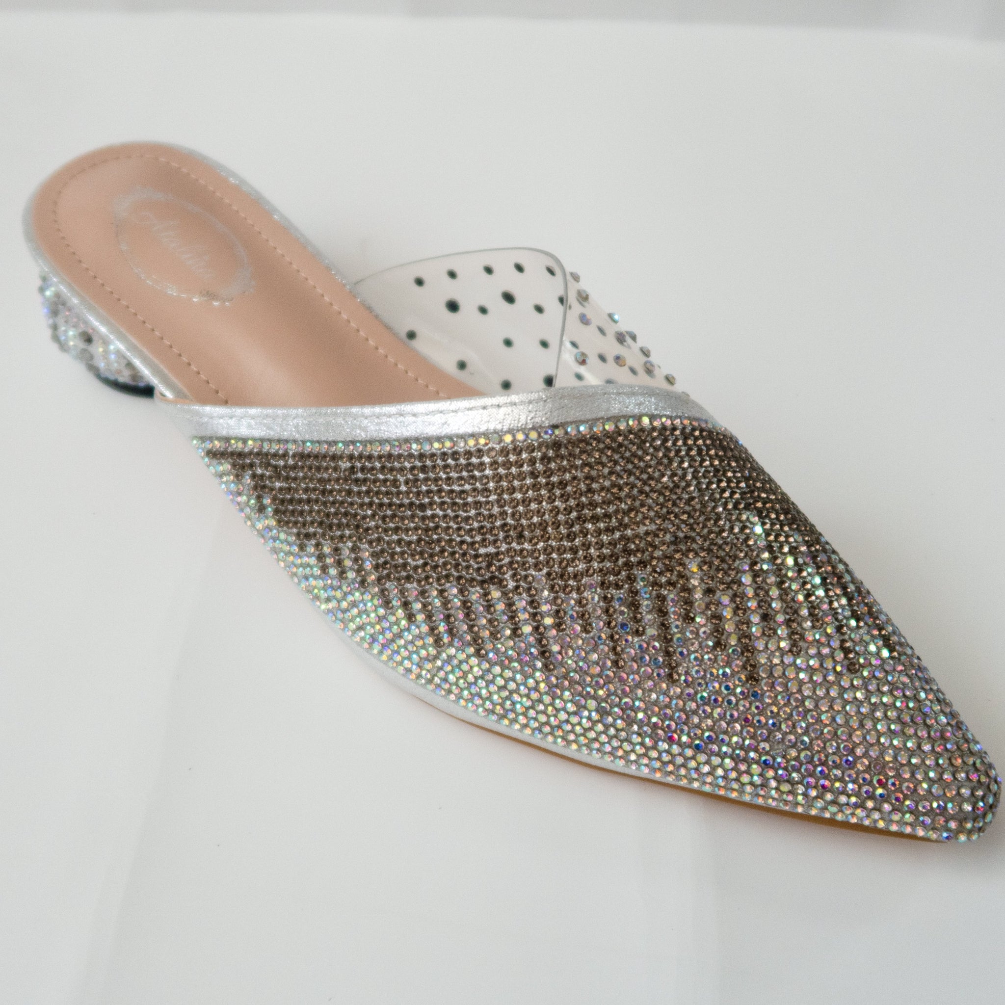 silver kitten heel mules