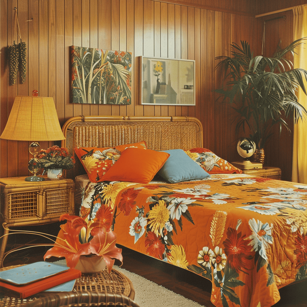 1970s bedroom design incorporating a natural rattan headboard, adding a touch of bohemian charm and texture