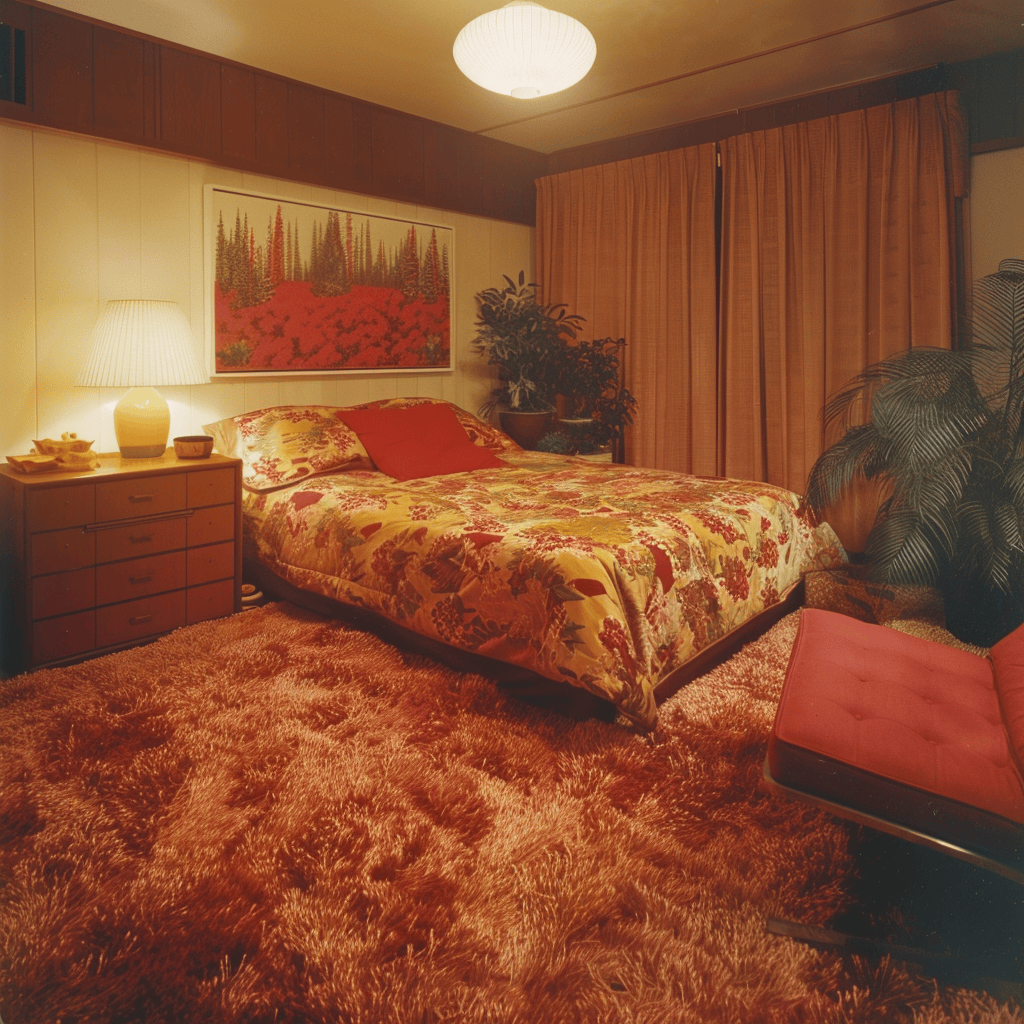 1970s bedroom grounded by a plush shag carpet, offering a soft and luxurious feel underfoot in vibrant retro hues