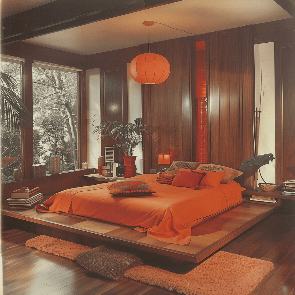 1970s bedroom highlighted by a low-profile platform bed, embodying the era's minimalist and sleek design aesthetic