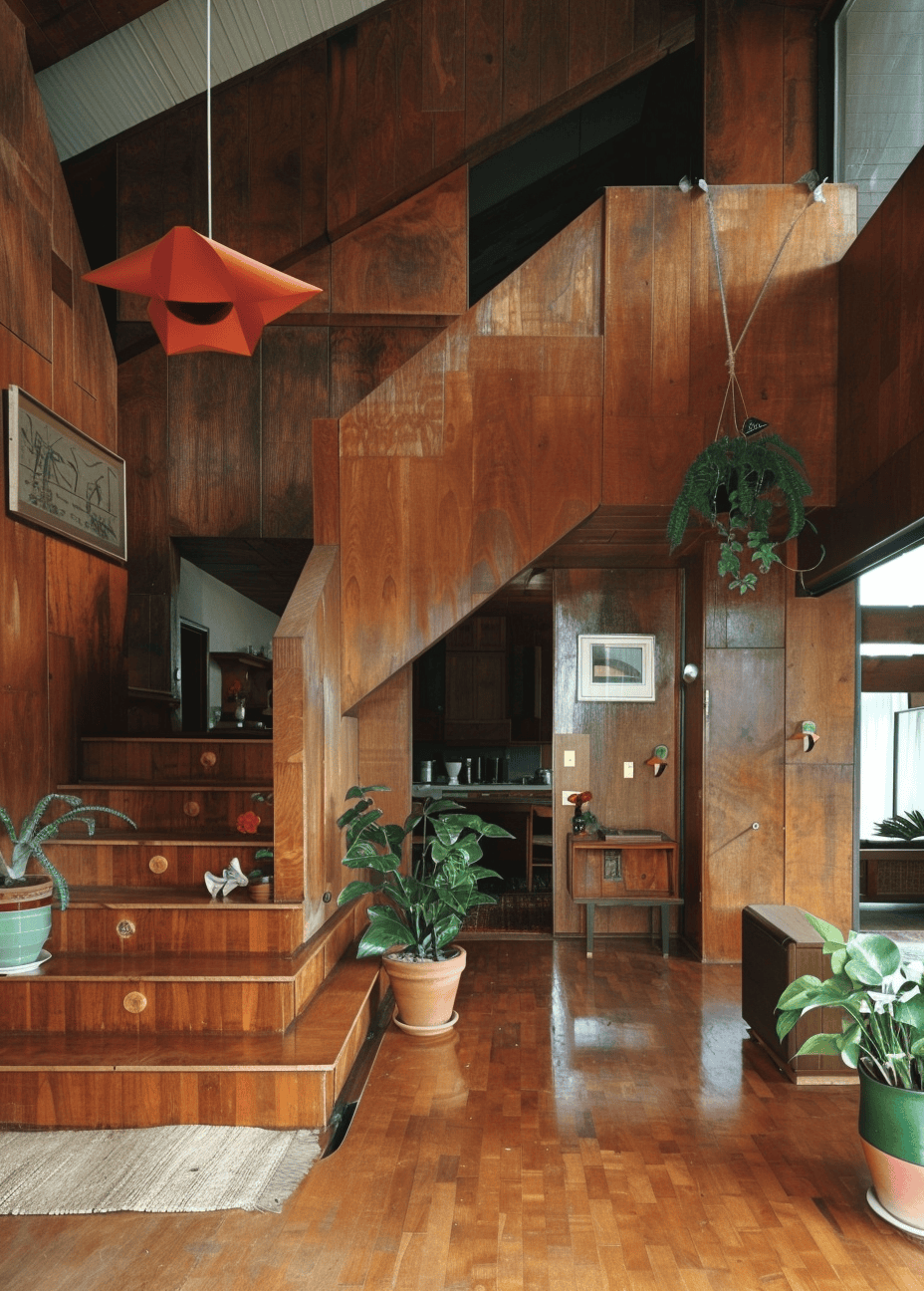 70s a themed hallway with distinctive wallpaper and vintage decor pieces