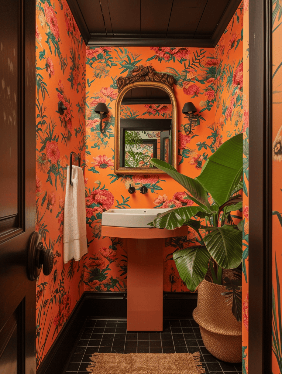 70s bathroom decor showcasing psychedelic wallpapers and funky tiles