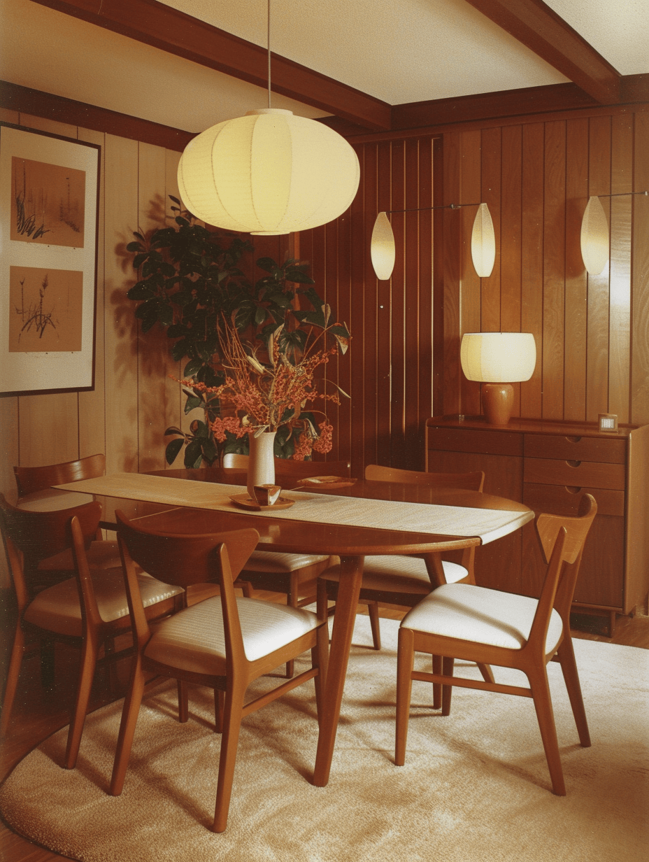 70s dining room ambiance created by statement mirrors